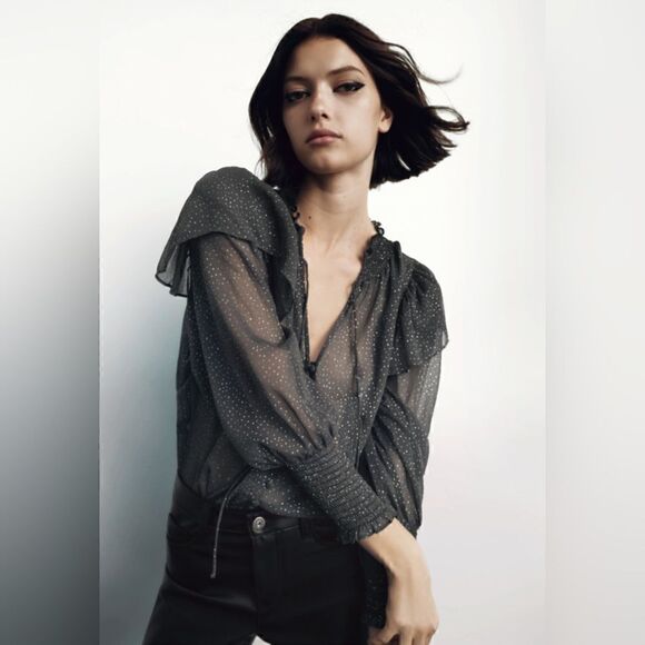 ZARA SPARKLY SEMI-SHEER METALLIC DOT BLOUSE - Picture 1 of 8